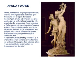 APOLO Y DAFNE

Dafne, nombre que en griego significa laurel,
era una ninfa hija del dios-río Peneo que
transcurre por la región de Tesalia.
El dios Apolo amaba a Dafne con una gran
pasión pero la ninfa no le correspondía y le
esquivaba. En una ocasión Apolo perseguía
a Dafne y ésta huía hacia las montañas para
evitarlo. Cuando el dios estaba a punto de
alcanzarla, la joven dirigió una plegaria a su
padre o bien a Zeus, suplicándole que la
metamorfoseara para poder escapar al
asedio del dios.
Su petición fue escuchada y concedida, y al
momento la joven comenzó a transformarse
en un laurel. De sus pies iban saliendo raíces
y sus extremidades se convertían en
frondosas ramas del árbol
 