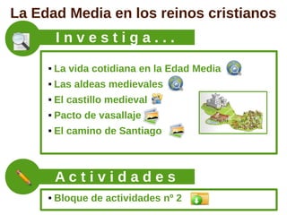 La Edad Media en los reinos cristianos
         Investiga...
        La vida cotidiana en la Edad Media
        Las aldeas medievales
        El castillo medieval
        Pacto de vasallaje
        El camino de Santiago



         Actividades
        Bloque de actividades nº 2
 