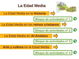 La Edad Media
 La Edad Media en la Historia
                      Bloque de actividades nº 1

La Edad Media en los reinos cristianos
                      Bloque de actividades nº 2

 La Edad Media en Al-Ándalus
                      Bloque de actividades nº 3

Arte y cultura en la Edad Media
                      Bloque de actividades nº 4
 