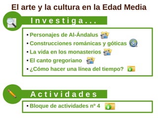 El arte y la cultura en la Edad Media
        Investiga...
       Personajes de Al-Ándalus
       Construcciones románicas y góticas
       La vida en los monasterios
       El canto gregoriano
       ¿Cómo hacer una línea del tiempo?



        Actividades
       Bloque de actividades nº 4
 