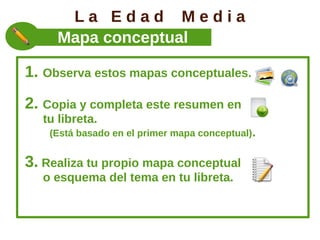 La Edad Media
     Mapa conceptual

1. Observa estos mapas conceptuales.
2. Copia y completa este resumen en
   tu libreta.
    (Está basado en el primer mapa conceptual).


3. Realiza tu propio mapa conceptual
   o esquema del tema en tu libreta.
 