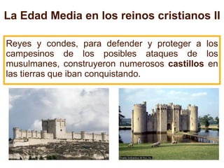 Reyes y condes, para defender y proteger a los
campesinos de los posibles ataques de los
musulmanes, construyeron numerosos castillos en
las tierras que iban conquistando.
La Edad Media en los reinos cristianos II
 