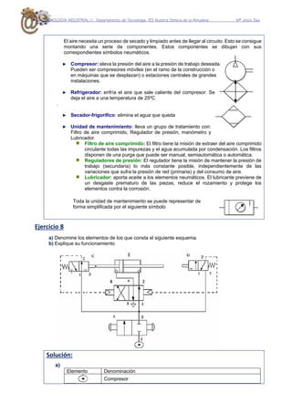 TECNOLOGÍA INDUSTRIAL I1. Departamento de Tecnología. IES Nuestra Señora de la Almudena Mª Jesús Saiz
El aire necesita un proceso de secado y limpiado antes de llegar al circuito. Esto se consigue
montando una serie de componentes. Estos componentes se dibujan con sus
correspondientes símbolos neumáticos.
Compresor: eleva la presión del aire a la presión de trabajo deseada.
Pueden ser compresores móviles (en el ramo de la construcción o
en máquinas que se desplazan) o estaciones centrales de grandes
instalaciones.
Refrigerador: enfría el aire que sale caliente del compresor. Se
deja el aire a una temperatura de 25ºC
.
Secador-frigorífico: elimina el agua que queda
Unidad de mantenimiento: lleva un grupo de tratamiento con:
Filtro de aire comprimido, Regulador de presión, manómetro y
Lubricador.
Filtro de aire comprimido: El filtro tiene la misión de extraer del aire comprimido
circulante todas las impurezas y el agua acumulada por condensación. Los filtros
disponen de una purga que puede ser manual, semiautomática o automática.
Reguladores de presión: El regulador tiene la misión de mantener la presión de
trabajo (secundaria) lo más constante posible, independientemente de las
variaciones que sufra la presión de red (primaria) y del consumo de aire.
Lubricador: aporta aceite a los elementos neumáticos. El lubricante previene de
un desgaste prematuro de las piezas, reduce el rozamiento y protege los
elementos contra la corrosión.
Toda la unidad de mantenimiento se puede representar de
forma simplificada por el siguiente símbolo
Ejercicio 8
a) Denomine los elementos de los que consta el siguiente esquema.
b) Explique su funcionamiento
Solución:
a)
Elemento Denominación
Compresor
E
 