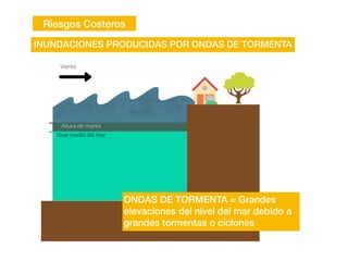 Riesgos Costeros
INUNDACIONES PRODUCIDAS POR ONDAS DE TORMENTA
ONDAS DE TORMENTA = Grandes
elevaciones del nivel del mar debido a
grandes tormentas o ciclones
 