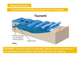 Riesgos Costeros
INUNDACIONES PRODUCIDAS POR TSUNAMIS
TSUNAMIS: (olas de puerto en japonés), grandes olas producidas por
una importante perturbación vertical del agua en los océanos.
 