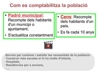 Com es comptabilitza la població
● Cens: Recompte
dels habitants d'un
país.
● Es fa cada 10 anys
● Padró municipal:
Recompte dels habitants
d'un municipi o
ajuntament.
● S'actualitza constantment
Serveix per conèixer i satisfer les necessitats de la població:
• Construir més escoles si hi ha molts d'infants,
• Hospitals,
• Residències per a ancians,
• ....
 