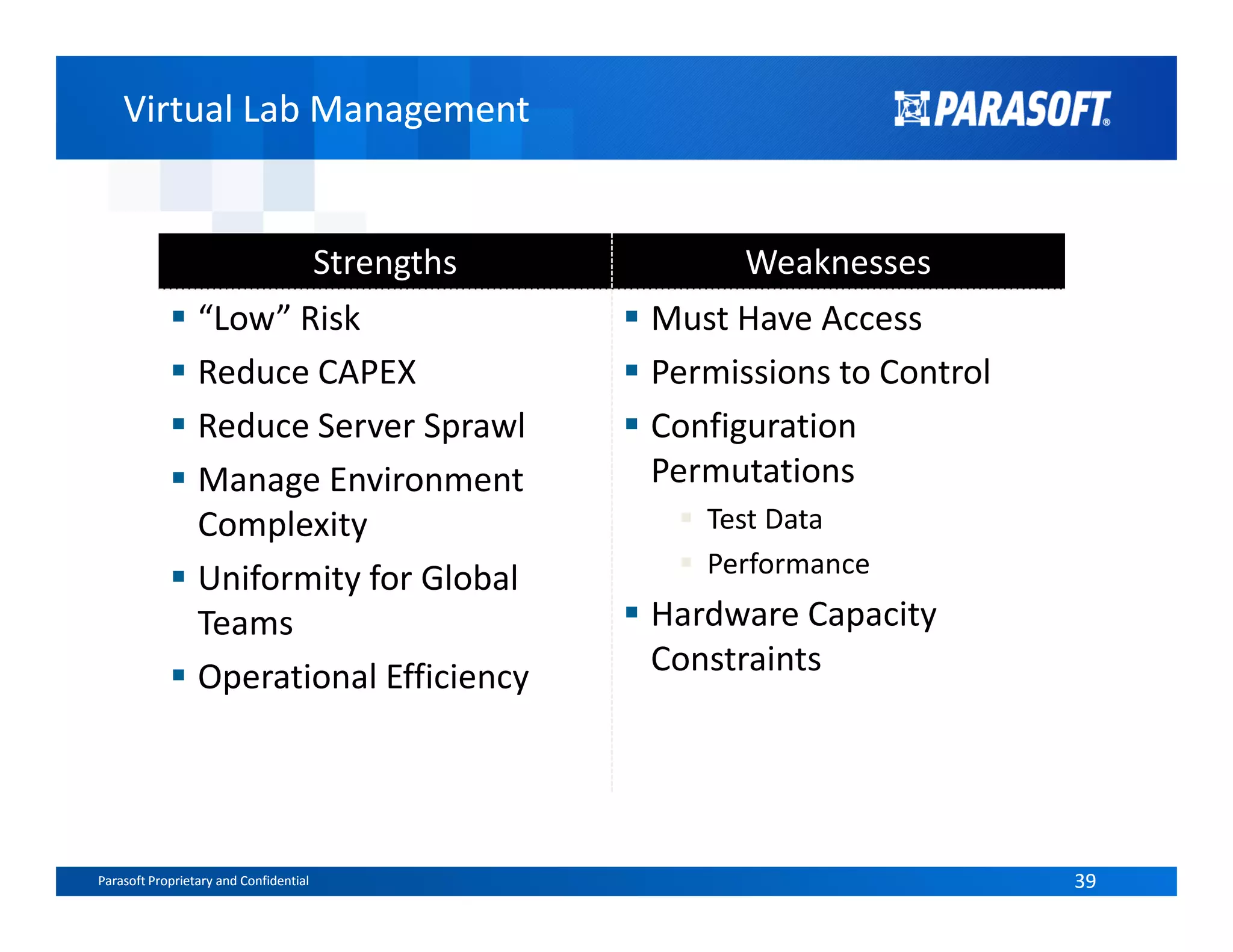 Virtual Lab ManagementVirtual Lab Management
Strengths Weaknesses
“Low” Risk
Reduce CAPEX
Reduce Server Sprawl
Manage Environment
Must Have Access
Permissions to Control
Configuration
Permutations
Parasoft Proprietary and Confidential 39Parasoft Proprietary and Confidential 39
Manage Environment
Complexity
Uniformity for Global
Teams
Operational Efficiency
Permutations
Test Data
Performance
Hardware Capacity
Constraints
 