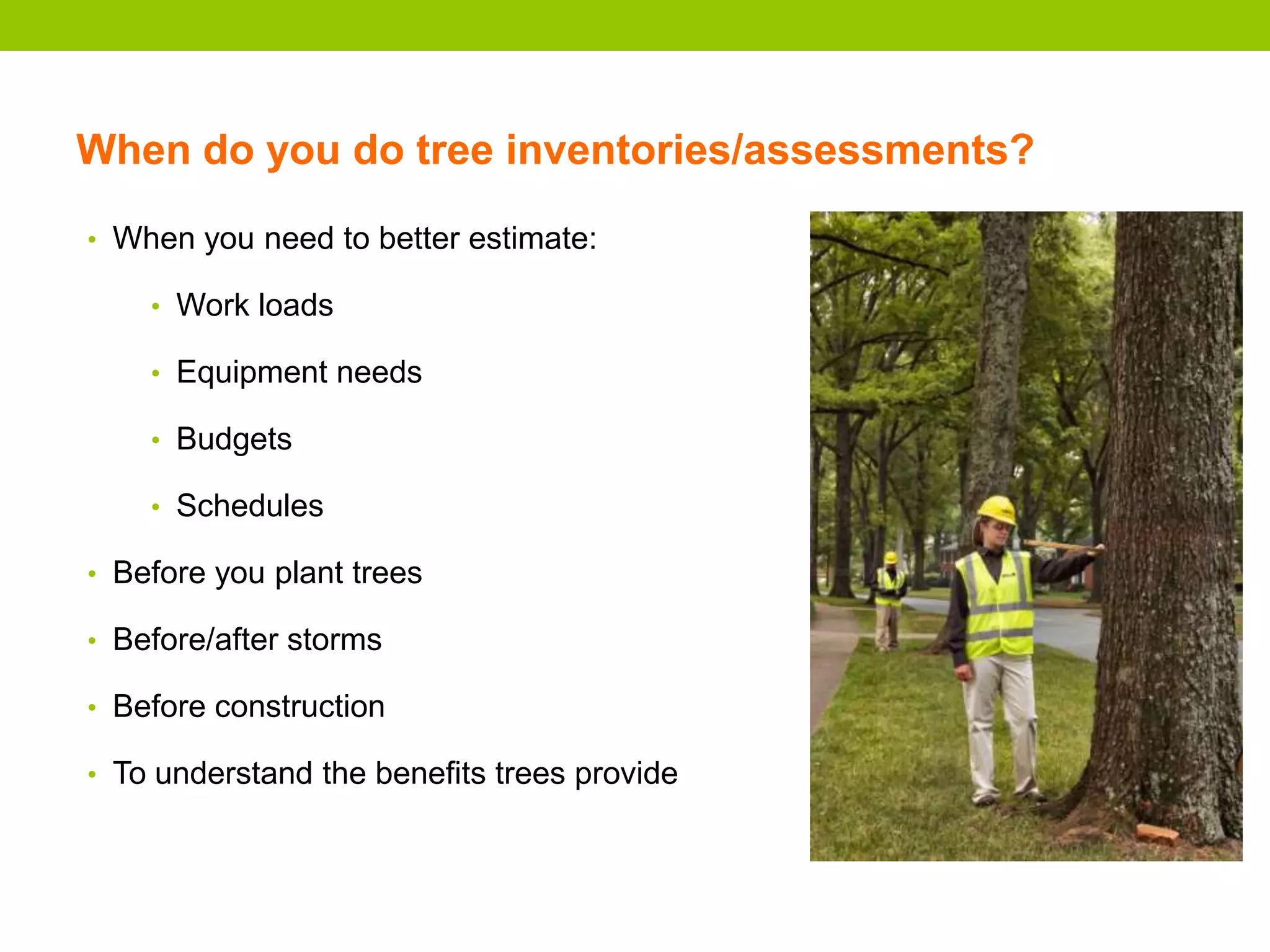 When do you do tree inventories/assessments?
• When you need to better estimate:
• Work loads
• Equipment needs
• Budgets
• Schedules
• Before you plant trees
• Before/after storms
• Before construction
• To understand the benefits trees provide
 