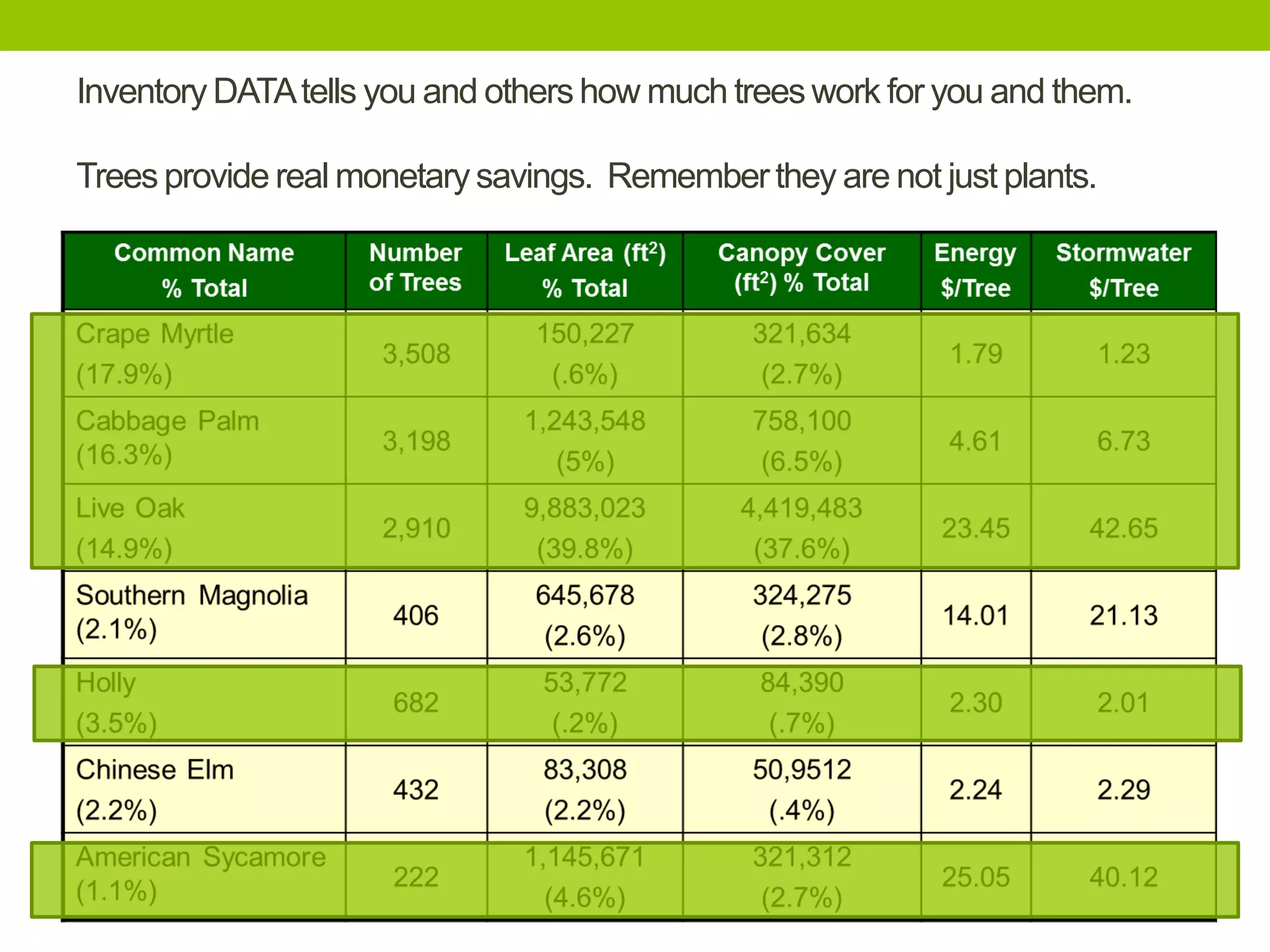 Inventory DATAtells you and others how much trees work for you and them.
Trees provide real monetary savings. Rememberthey are not just plants.
• JAX Stratum here
 