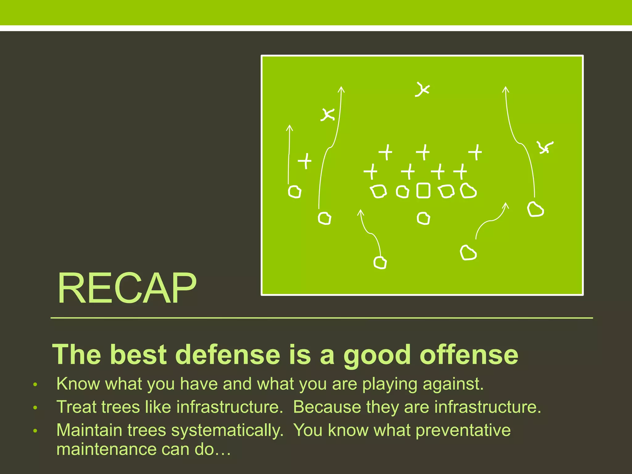 RECAP
The best defense is a good offense
• Know what you have and what you are playing against.
• Treat trees like infrastructure. Because they are infrastructure.
• Maintain trees systematically. You know what preventative
maintenance can do…
 