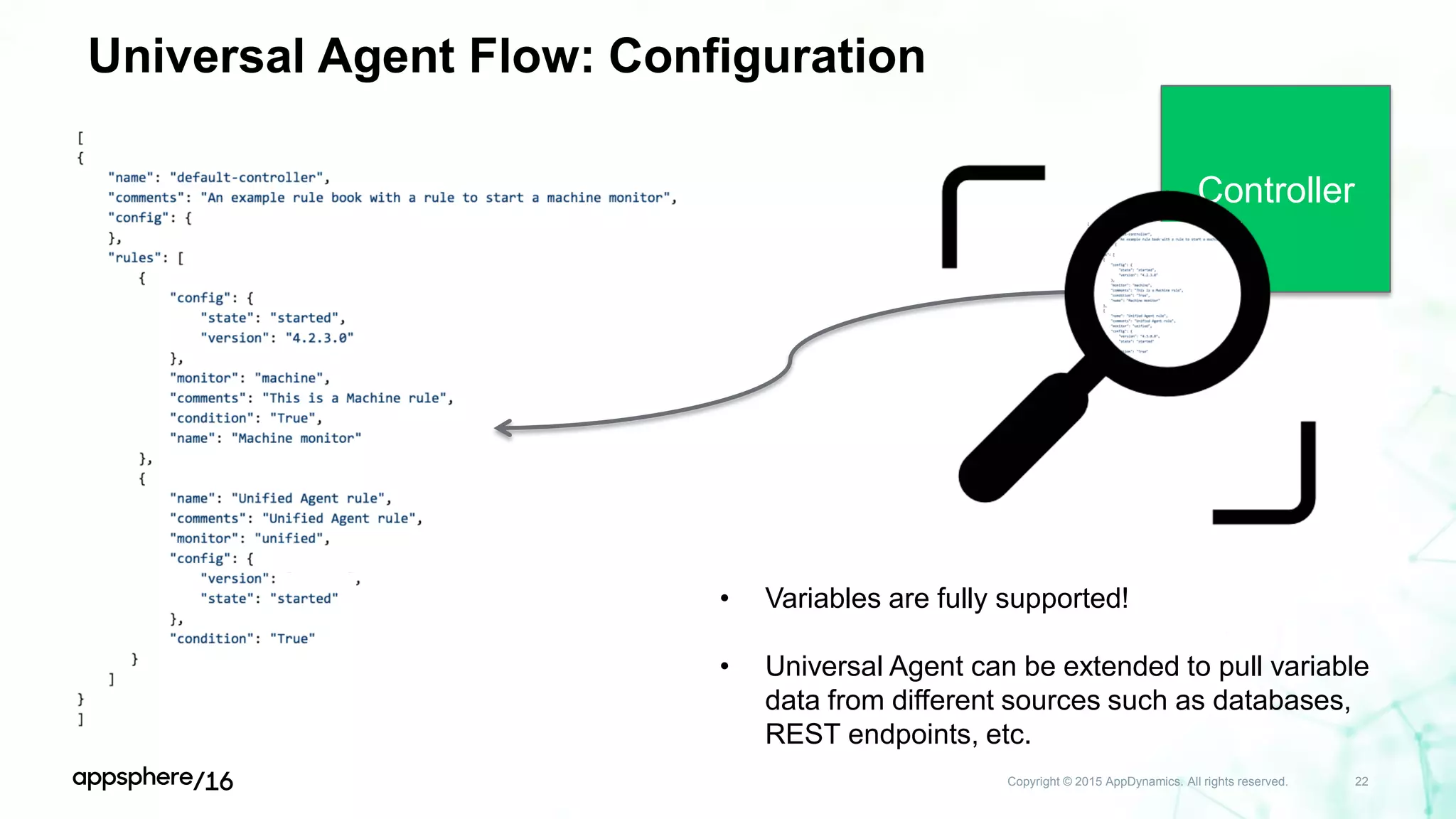 Universal Agent Flow: Configuration
Copyright © 2015 AppDynamics. All rights reserved. 22
Controller
• Variables are fully supported!
• Universal Agent can be extended to pull variable
data from different sources such as databases,
REST endpoints, etc.
 