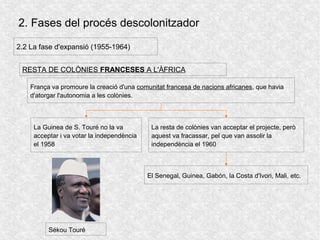 2. Fases del procés descolonitzador
2.2 La fase d'expansió (1955-1964)
RESTA DE COLÒNIES FRANCESES A L'ÀFRICA
La resta de colònies van acceptar el projecte, però
aquest va fracassar, pel que van assolir la
independència el 1960
El Senegal, Guinea, Gabón, la Costa d'Ivori, Mali, etc.
França va promoure la creació d'una comunitat francesa de nacions africanes, que havia
d'atorgar l'autonomia a les colònies.
La Guinea de S. Touré no la va
acceptar i va votar la independència
el 1958
Sékou Touré
 