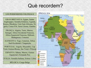 Què recordem?
LES POSSESSIONS COLONIALSLES POSSESSIONS COLONIALS
GRAN BRETANYA: Egipte, SudanGRAN BRETANYA: Egipte, Sudan
Angloegipci, Somàlia britànica, Uganda,Angloegipci, Somàlia britànica, Uganda,
Kenya, Rhodèsia, Unió Sud-Africana, Ni-Kenya, Rhodèsia, Unió Sud-Africana, Ni-
gèria, Costa d’Or, Serra Lleona, Gàmbiagèria, Costa d’Or, Serra Lleona, Gàmbia
FRANÇA: Algèria, Tunis, Marroc,FRANÇA: Algèria, Tunis, Marroc,
Senegal, Àfrica Occidental Francesa,Senegal, Àfrica Occidental Francesa,
Àfrica Equatorial Francesa, Djibouti,Àfrica Equatorial Francesa, Djibouti,
Madagascar, ComoresMadagascar, Comores
ALEMANYA: Togo, Camerun, ÀfricaALEMANYA: Togo, Camerun, Àfrica
Sud-Occidental i TanganykaSud-Occidental i Tanganyka
PORTUGAL: Angola, Moçambic, CapPORTUGAL: Angola, Moçambic, Cap
Verd, Guinea-Bissau, Sao Tomé i PríncepVerd, Guinea-Bissau, Sao Tomé i Príncep
ESPANYA: Sàhara, Marroc, GuineaESPANYA: Sàhara, Marroc, Guinea
Equatorial i Fernando PooEquatorial i Fernando Poo
ITÀLIA: Somàlia Italiana, Eritrea i LíbiaITÀLIA: Somàlia Italiana, Eritrea i Líbia
BÈLGICA: Congo BelgaBÈLGICA: Congo Belga
 