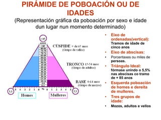 PIRÁMIDE DE POBOACIÓN OU DE
             IDADES
(Representación gráfica da poboación por sexo e idade
        dun lugar nun momento determinado)
                                    •   Eixo de
                                        ordenadas(vertical):
                                        Tramos de idade de
                                        cinco anos
                                    •   Eixo de abscisas:
                                    •   Porcentaxes ou miles de
                                        persoas.
                                    •   Triángulo Ideal:
                                        fórmase unindo o 5,5%
                                        nas abscisas co tramo
                                        de + 85 anos
                                    •   Esquerda poboación
                                        de homes e dereita
                                        de mulleres.
                                    •   Tres grupos de
                                        idade:
                                    •   Mozos, adultos e vellos
 