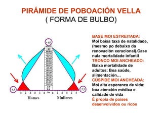 PIRÁMIDE DE POBOACIÓN VELLA
     ( FORMA DE BULBO)

                BASE MOI ESTREITADA:
                Moi baixa taxa de natalidade,
                (mesmo po debaixo da
                renovación xeracional).Case
                nula mortalidade infantil
                TRONCO MOI ANCHEADO:
                Baixa mortalidade de
                adultos: Boa saúde,
                alimentación…
                CÚSPIDE MOI ANCHEADA:
                Moi alta esperanza de vida:
                boa atención médica e
                calidade de vida
                É propia de países
                desenvolvidos ou ricos
 
