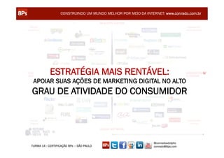 CONSTRUINDO UM MUNDO MELHOR POR MEIO DA INTERNET: www.conrado.com.br




            ESTRATÉGIA MAIS RENTÁVEL:
 APOIAR SUAS AÇÕES DE MARKETING DIGITAL NO ALTO
GRAU DE ATIVIDADE DO CONSUMIDOR




                                                               @conradoadolpho
TURMA 14 - CERTIFICAÇÃO 8Ps – SÃO PAULO                        conrado@8ps.com
 