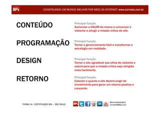 CONSTRUINDO UM MUNDO MELHOR POR MEIO DA INTERNET: www.conrado.com.br




CONTEÚDO                                   Principal função:
                                           Aumentar o VALOR da marca e convencer o
                                           visitante a atingir a missão crítica do site.



PROGRAMAÇÃO                                Principal função:
                                           Tornar o gerenciamento fácil e transformar a
                                           estratégia em realidade.



DESIGN                                     Principal função:
                                           Tornar o site agradável aos olhos do visitante e
                                           usável para que a missão crítica seja atingida
                                           mais facilmente.


RETORNO                                    Principal função:
                                           Calcular o quanto o site deverá exigir de
                                           investimento para gerar um retorno positivo e
                                           crescente.



                                                                       @conradoadolpho
 TURMA 14 - CERTIFICAÇÃO 8Ps – SÃO PAULO                               conrado@8ps.com
 
