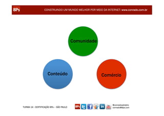 CONSTRUINDO UM MUNDO MELHOR POR MEIO DA INTERNET: www.conrado.com.br




                                          Comunidade




                     Conteúdo                          Comércio




                                                               @conradoadolpho
TURMA 14 - CERTIFICAÇÃO 8Ps – SÃO PAULO                        conrado@8ps.com
 