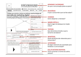 AFINIDADE E AUTORIDADE
                  CONSTRUINDO UM MUNDO MELHOR POR MEIO DA INTERNET: www.conrado.com.br
                                                  No que a comunicação pode se apoiar?


                                                    RELEVÂNCIA
                                                    O que o consumidor quer de fato saber?


                                                    CHAMADA
                                                    Como despertar o interesse?

                                                    MISSÃO CRÍTICA 1
                                                    Qual o lugar de destaque da missão
                                                    crítica?

                                                    TESTEIRA
                                                    Que elementos entrarão e qual o
                                                    tamanho da testeira?

                                                    BENEFÍCIOS
                                                    Quais benefícios são relevantes para o
                                                    consumidor?

                                                    AUTORIDADE
                                                    Há algum elemento de autoridade para
                                                    fortalecer a comunicação?

                                                    CALL-TO-ACTIONS DISTINTOS
                                                    Como aumentar o número de call-to-
                                                                @conradoadolpho
TURMA 14 - CERTIFICAÇÃO 8Ps – SÃO PAULO                         conrado@8ps.com
                                                    actions?
 