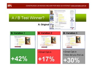 CONSTRUINDO UM MUNDO MELHOR POR MEIO DA INTERNET: www.conrado.com.br




                                                               @conradoadolpho
TURMA 14 - CERTIFICAÇÃO 8Ps – SÃO PAULO                        conrado@8ps.com   162	
  
 