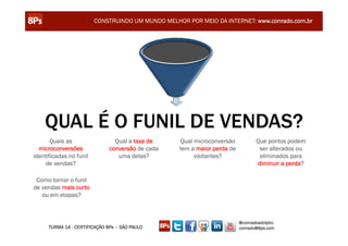 CONSTRUINDO UM MUNDO MELHOR POR MEIO DA INTERNET: www.conrado.com.br




    QUAL É O FUNIL DE VENDAS?
       Quais as                  Qual a taxa de    Qual microconversão           Que pontos podem
  microconversões              conversão de cada   tem a maior perda de           ser alterados ou
identificadas no funil            uma delas?            visitantes?               eliminados para
     de vendas?                                                                  diminuir a perda?

 Como tornar o funil
de vendas mais curto
   ou em etapas?



                                                                          @conradoadolpho
      TURMA 14 - CERTIFICAÇÃO 8Ps – SÃO PAULO                             conrado@8ps.com
 