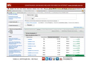 CONSTRUINDO UM MUNDO MELHOR POR MEIO DA INTERNET: www.conrado.com.br




                                                               @conradoadolpho
TURMA 14 - CERTIFICAÇÃO 8Ps – SÃO PAULO                        conrado@8ps.com
 