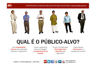 CONSTRUINDO UM MUNDO MELHOR POR MEIO DA INTERNET: www.conrado.com.br




       QUAL É O PÚBLICO-ALVO?
  Que necessidades                O que o segmento   O que é considerada       Quais fatores
comuns não atendidas              busca no Google?     informação útil e      influenciam na
definem o segmento?              (comportamento de       relevante pelo     decisão de compra?
                                      buscas)              segmento?



                                                                     @conradoadolpho
   TURMA 14 - CERTIFICAÇÃO 8Ps – SÃO PAULO                           conrado@8ps.com
 
