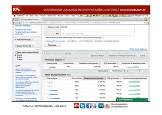 CONSTRUINDO UM MUNDO MELHOR POR MEIO DA INTERNET: www.conrado.com.br




                                                               @conradoadolpho
TURMA 14 - CERTIFICAÇÃO 8Ps – SÃO PAULO                        conrado@8ps.com
 