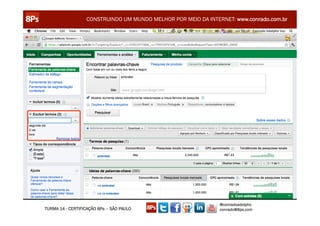 CONSTRUINDO UM MUNDO MELHOR POR MEIO DA INTERNET: www.conrado.com.br




                                                               @conradoadolpho
TURMA 14 - CERTIFICAÇÃO 8Ps – SÃO PAULO                        conrado@8ps.com
 