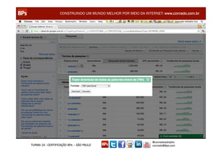 CONSTRUINDO UM MUNDO MELHOR POR MEIO DA INTERNET: www.conrado.com.br




                                                               @conradoadolpho
TURMA 14 - CERTIFICAÇÃO 8Ps – SÃO PAULO                        conrado@8ps.com
 