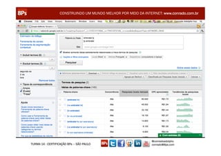 CONSTRUINDO UM MUNDO MELHOR POR MEIO DA INTERNET: www.conrado.com.br




                                                               @conradoadolpho
TURMA 14 - CERTIFICAÇÃO 8Ps – SÃO PAULO                        conrado@8ps.com
 