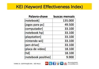 KEI (Keyword Effectiveness Index)
                  CONSTRUINDO UM MUNDO MELHOR POR MEIO DA INTERNET: www.conrado.com.br




                                                               @conradoadolpho
TURMA 14 - CERTIFICAÇÃO 8Ps – SÃO PAULO                        conrado@8ps.com
 