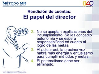 No se aceptan explicaciones del incumplimiento. Se les concedió autonomía y se espera responsabilidad en cuanto al logro de las metas.  Al actuar así, la próxima vez habrá más energía y entusiasmo para cumplir métodos y metas.  El paternalismo debe ser eliminado. Rendición de cuentas: El papel del director 