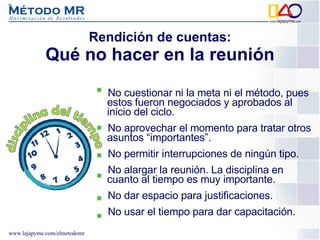 No cuestionar ni la meta ni el método, pues estos fueron negociados y aprobados al inicio del ciclo. No aprovechar el momento para tratar otros asuntos “importantes”. No permitir interrupciones de ningún tipo. No alargar la reunión. La disciplina en cuanto al tiempo es muy importante.  No dar espacio para justificaciones. No usar el tiempo para dar capacitación.  Rendición de cuentas: Qué no hacer en la reunión 