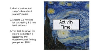 Activity
Time!
1. Grab a partner and
swap ‘tell me about
yourself’ stories
2. Allocate 2.5 minutes
for story-telling & 1 min
feedback each
3. The goal: to convey the
story’s elements in a
logical way and
experiment with finding
your perfect TMAY
 