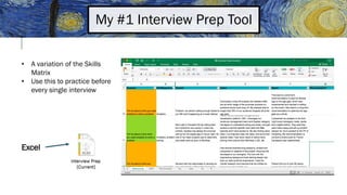 My #1 Interview Prep Tool
• A variation of the Skills
Matrix
• Use this to practice before
every single interview
Excel
 