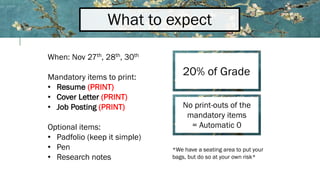 What to expect
When: Nov 27th, 28th, 30th
Mandatory items to print:
• Resume (PRINT)
• Cover Letter (PRINT)
• Job Posting (PRINT)
Optional items:
• Padfolio (keep it simple)
• Pen
• Research notes
20% of Grade
No print-outs of the
mandatory items
= Automatic 0
*We have a seating area to put your
bags, but do so at your own risk*
 