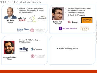 T14F – Board of Advisors
                   ▪ Founder of Perfigo, a technology                     ▪ Pakistan start-up expert – early
                     startup in Silicon Valley. Acquired                      employee in 3 start-ups
                     by Cisco Systems                                     ▪   Founder of 2 start-ups
                                                                          ▪   5+ P@SHA ICT Awards


     Atif Azim




                                                                                                               Working Draft - Last Modified 10/19/2012 8:23:50 AM Printed
      Advisor                                              Farzal Dojki
                                                             Advisor




                   ▪ Founder & CEO, NexDegree
                     Private Limited


                                                               ▪ 4 open advisory positions



 Imran Moinuddin
     Advisor
 