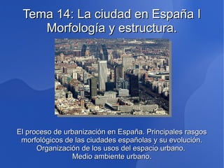 Tema 14: La ciudad en España I
    Morfología y estructura.




El proceso de urbanización en España. Principales rasgos
 morfológicos de las ciudades españolas y su evolución.
      Organización de los usos del espacio urbano.
                Medio ambiente urbano.
 