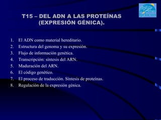 T15 – DEL ADN A LAS PROTEÍNAS
            (EXPRESIÓN GÉNICA).


1.   El ADN como material hereditario.
2.   Estructura del genoma y su expresión.
3.   Flujo de información genética.
4.   Transcripción: síntesis del ARN.
5.   Maduración del ARN.
6.   El código genético.
7.   El proceso de traducción. Síntesis de proteínas.
8.   Regulación de la expresión génica.
 