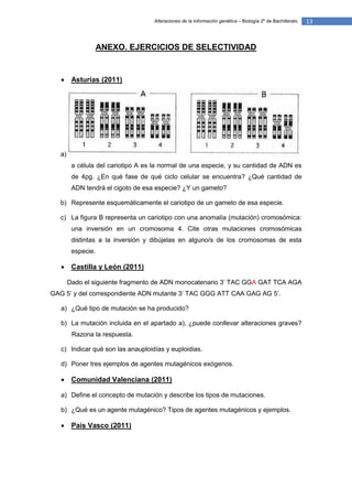 Alteraciones de la información genética – Biología 2º de Bachillerato   13



                 ANEXO. EJERCICIOS DE SELECTIVIDAD


    Asturias (2011)




   a) L
      a célula del cariotipo A es la normal de una especie, y su cantidad de ADN es
      de 4pg. ¿En qué fase de qué ciclo celular se encuentra? ¿Qué cantidad de
      ADN tendrá el cigoto de esa especie? ¿Y un gameto?

   b) Represente esquemáticamente el cariotipo de un gameto de esa especie.

   c) La figura B representa un cariotipo con una anomalía (mutación) cromosómica:
      una inversión en un cromosoma 4. Cite otras mutaciones cromosómicas
      distintas a la inversión y dibújelas en alguno/s de los cromosomas de esta
      especie.

    Castilla y León (2011)

     Dado el siguiente fragmento de ADN monocatenario 3’ TAC GGA GAT TCA AGA
GAG 5’ y del correspondiente ADN mutante 3’ TAC GGG ATT CAA GAG AG 5’.

   a) ¿Qué tipo de mutación se ha producido?

   b) La mutación incluida en el apartado a), ¿puede conllevar alteraciones graves?
      Razona la respuesta.

   c) Indicar qué son las anauploidías y euploidias.

   d) Poner tres ejemplos de agentes mutagénicos exógenos.

    Comunidad Valenciana (2011)

   a) Define el concepto de mutación y describe los tipos de mutaciones.

   b) ¿Qué es un agente mutagénico? Tipos de agentes mutagénicos y ejemplos.

    País Vasco (2011)
 
