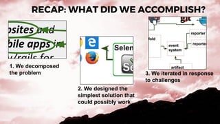 RECAP: WHAT DID WE ACCOMPLISH?
1. We decomposed
the problem
2. We designed the
simplest solution that
could possibly work
3. We iterated in response
to challenges
 