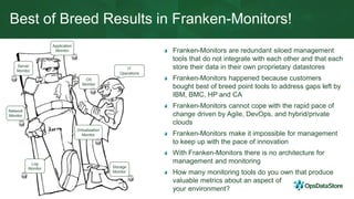 Best of Breed Results in Franken-Monitors!
Franken-Monitors are redundant siloed management
tools that do not integrate with each other and that each
store their data in their own proprietary datastores
Franken-Monitors happened because customers
bought best of breed point tools to address gaps left by
IBM, BMC, HP and CA
Franken-Monitors cannot cope with the rapid pace of
change driven by Agile, DevOps, and hybrid/private
clouds
Franken-Monitors make it impossible for management
to keep up with the pace of innovation
With Franken-Monitors there is no architecture for
management and monitoring
How many monitoring tools do you own that produce
valuable metrics about an aspect of
your environment?
Network
Monitor
Storage
Monitor
Application
Monitor
Server
Monitor
Virtualization
Monitor
OS
Monitor
IT
Operations
Log
Monitor
 