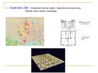  Ciutat del s.XIX Creixement de les ciutats. Aparició de noves zones.
Ravals, barris obrers, eixamples.
 