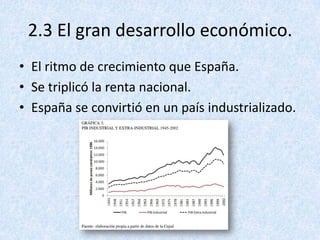 2.3 El gran desarrollo económico.
• El ritmo de crecimiento que España.
• Se triplicó la renta nacional.
• España se convirtió en un país industrializado.
 