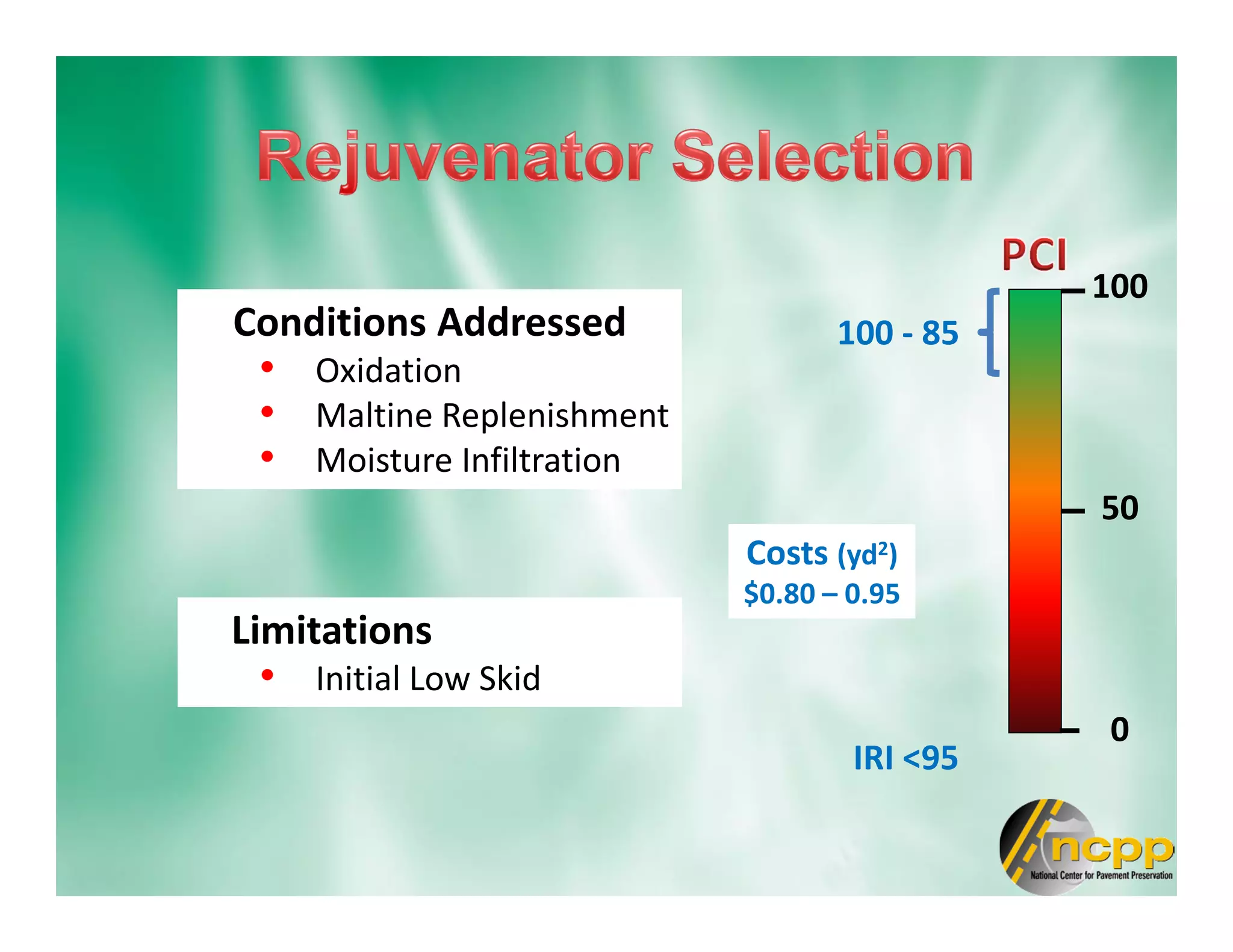 Conditions Addressed
• Oxidation
• Maltine Replenishment
• Moisture Infiltration
100
0
50
100 - 85
IRI <95
Limitations
• Initial Low Skid
Costs (yd2)
$0.80 – 0.95
 