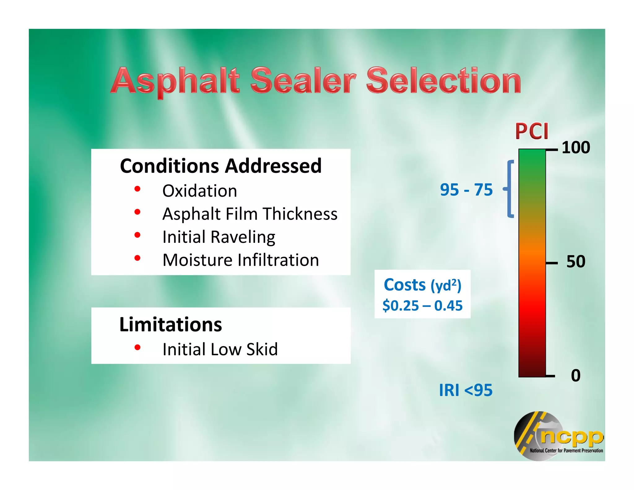 Conditions Addressed
• Oxidation
• Asphalt Film Thickness
• Initial Raveling
• Moisture Infiltration
100
0
50
95 - 75
IRI <95
Limitations
• Initial Low Skid
Costs (yd2)
$0.25 – 0.45
 