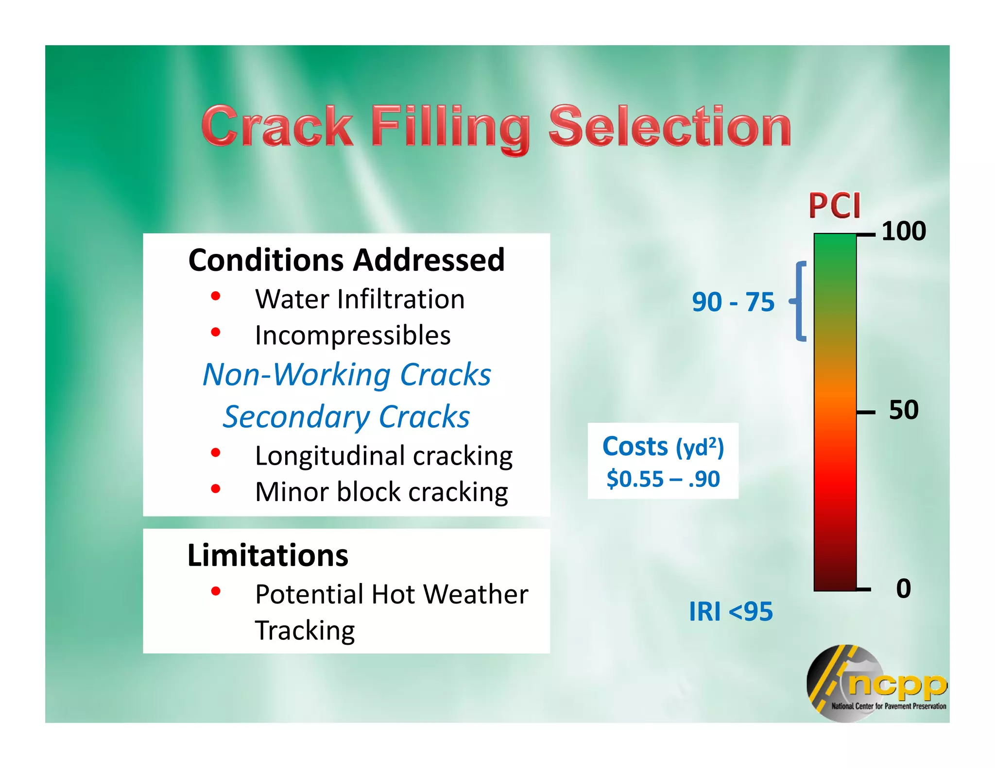 Conditions Addressed
• Water Infiltration
• Incompressibles
Non-Working Cracks
Secondary Cracks
• Longitudinal cracking
• Minor block cracking
100
0
50
90 - 75
IRI <95
Limitations
• Potential Hot Weather
Tracking
Costs (yd2)
$0.55 – .90
 
