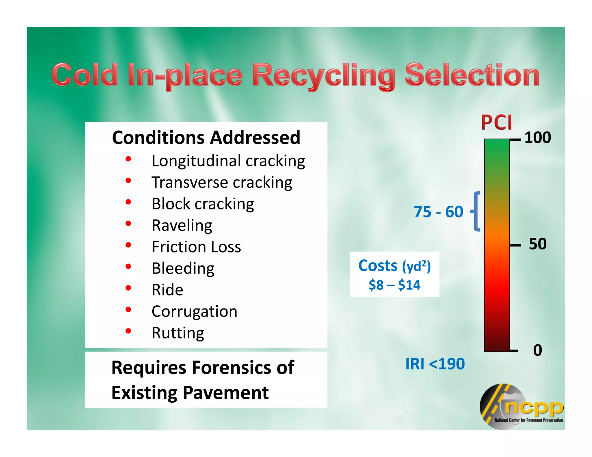 Conditions Addressed
• Longitudinal cracking
• Transverse cracking
• Block cracking
• Raveling
• Friction Loss
• Bleeding
• Ride
• Corrugation
• Rutting
100
0
50
75 - 60
IRI <190
Costs (yd2)
$8 – $14
Requires Forensics of
Existing Pavement
 