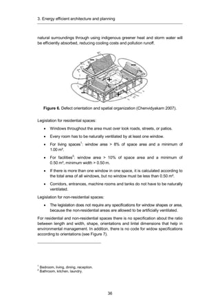3. Energy efficient architecture and planning
36
natural surroundings through using indigenous greener heat and storm water will
be efficiently absorbed, reducing cooling costs and pollution runoff.
Figure 6. Defect orientation and spatial organization (Chenvidyakarn 2007).
Legislation for residential spaces:
Windows throughout the area must over look roads, streets, or patios.
Every room has to be naturally ventilated by at least one window.
For living spaces1
: window area > 8% of space area and a minimum of
1.00 m².
For facilities2
: window area > 10% of space area and a minimum of
0.50 m², minimum width > 0.50 m.
If there is more than one window in one space, it is calculated according to
the total area of all windows, but no window must be less than 0.50 m².
Corridors, entrances, machine rooms and tanks do not have to be naturally
ventilated.
Legislation for non-residential spaces:
The legislation does not require any specifications for window shapes or area,
because the non-residential areas are allowed to be artificially ventilated.
For residential and non-residential spaces there is no specification about the ratio
between length and width, shape, orientations and lintel dimensions that help in
environmental management. In addition, there is no code for widow specifications
according to orientations (see Figure 7).
1
Bedroom, living, dining, reception.
2
Bathroom, kitchen, laundry.
 